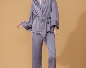 Conjunto de pijama de satén lavanda, bata corta de dos piezas, pantalones largos, ropa de estar en casa, ropa de dormir sedosa de charmeuse.