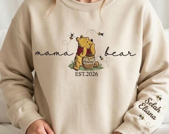 Embroidered Custom Mama Bear Sweatshirt, Personalized Mama with Name On Sleeve, Mama Cartoon Tee, Birthday Shirt for Mom, New Mom Gift
