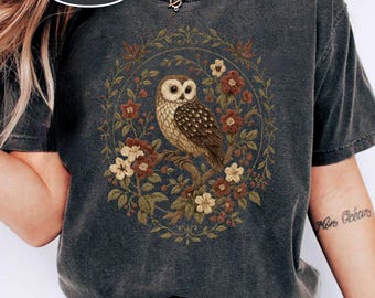 Dark Cottagecore Owl Comfort Colors Adult Unisex Garment Dyed Tee & Long Sleeve Tee, Forestcore Owl Top, Vintage Gothic Shirt, Gift for Her