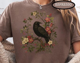 Dark Cottagecore Raven Comfort Colors Shirt, Forestcore Raven Top, Vintage Gothic Shirt, Gift for Her, Halloween Raven Shirt, Fall Shirt