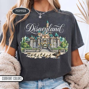 May include: Dark gray t-shirt featuring a watercolor illustration of Disneyland's castle with the word "Disneyland" in elegant script. A line of ducklings and a duck are in front of the castle. The shirt is labeled "Pepper" and "Comfort Colors".
