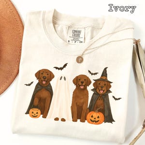 Pode incluir: Camiseta cor marfim com um design temático de Halloween. O gráfico inclui três cães marrons vestidos de vampiro, fantasma e bruxa, junto com morcegos e abóboras. A camiseta tem uma etiqueta Comfort Colors.