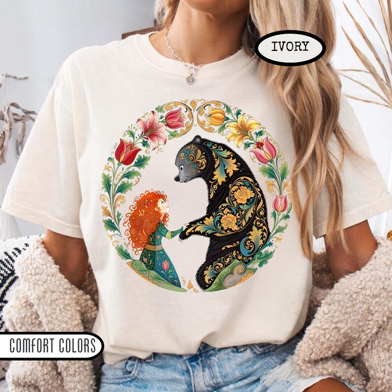 Retro Pixar Brave Floral Shirt, Disney Merida Princess And Elinor Queen Bear Tee, WDW Magic Kingdom Disneyland Family Holiday Trip Gifts image 2