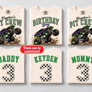 May include: Six off-white t-shirts featuring monster truck graphics. Top row shirts display 'Kayden's PIT CREW' or 'BIRTHDAY Boy' with a green and purple truck. Bottom row shirts show 'DADDY', 'KEYDEN', or 'MOMMY' above a large checkered number 3.