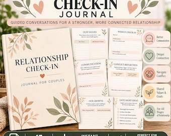 May include: A Relationship Check-In journal for couples with a cream cover featuring botanical leaf illustrations and the text Relationship Check-In Journal for Couples. Includes interior pages with prompts for values, communication, and growth.