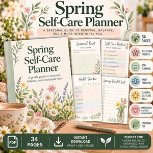 May include: A Spring Self-Care Planner book with a floral cover, featuring internal pages for a seasonal reset, habit tracker, and bucket list. The set includes 34 pages with reflection prompts, goal planning, and stress management tools in a PDF format.
