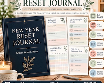 May include: A dark blue New Year Reset Journal with gold leaf illustrations and text. The journal includes pages for reflecting on the past year, setting goals, and building habits. It features 52 pages, goal setting, habit trackers, self-care prompts, reflection exercises, mindset growth, and monthly planning sections.