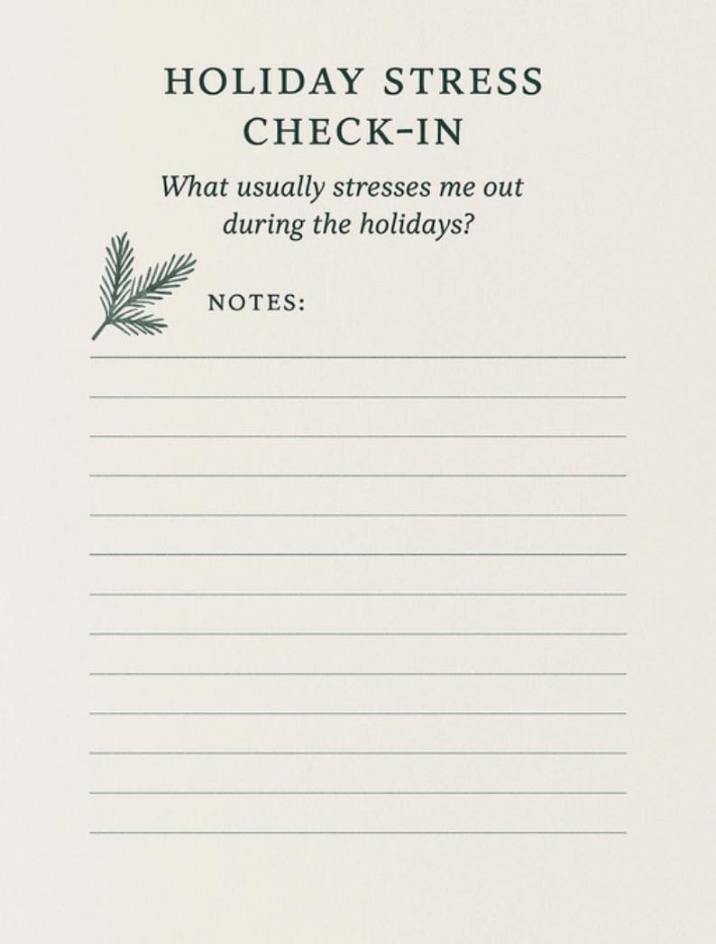 May include: A cream-coloured notebook with the text "HOLIDAY STRESS CHECK-IN" and the question "What usually stresses me out during the holidays?" A sprig of greenery is in the corner, and the word "NOTES:" appears below the question.