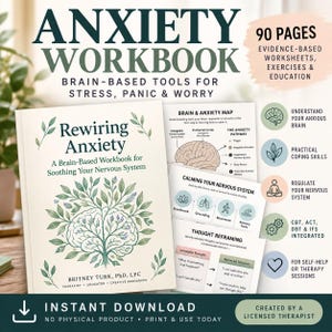 May include: Anxiety workbook titled Rewiring Anxiety by Britney Turk, PhD, LPC. The cover features a brain-shaped tree illustration. Includes 90 pages of evidence-based worksheets, brain and anxiety maps, calming tools, and thought reframing exercises.