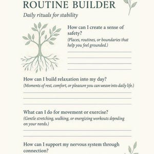 K&ouml;nnte beinhalten: Ein cremefarbenes Printable mit dem Text &bdquo;NERVOUS SYSTEM ROUTINE BUILDER&ldquo; und Aufforderungen f&uuml;r t&auml;gliche Rituale. Enth&auml;lt Fragen zu Sicherheit, Entspannung, Bewegung und Verbindung mit Platz f&uuml;r Notizen. Dekorative Baum- und Bl&auml;tterillustrationen.