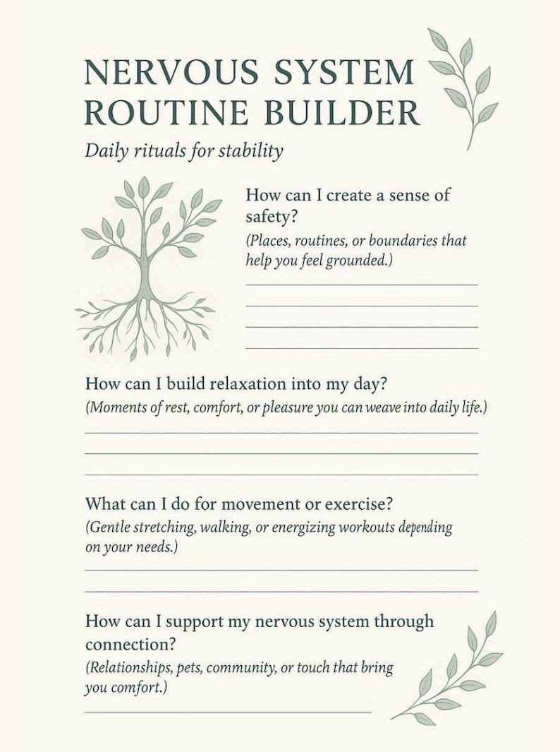 K&ouml;nnte beinhalten: Ein cremefarbenes Printable mit dem Text &bdquo;NERVOUS SYSTEM ROUTINE BUILDER&ldquo; und Aufforderungen f&uuml;r t&auml;gliche Rituale. Enth&auml;lt Fragen zu Sicherheit, Entspannung, Bewegung und Verbindung mit Platz f&uuml;r Notizen. Dekorative Baum- und Bl&auml;tterillustrationen.