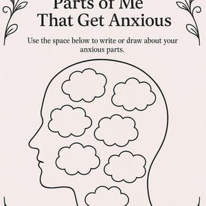 K&ouml;nnte beinhalten: Schwarz-wei&szlig;e Illustration eines Kopfprofils mit Wolkenformen im Inneren. Der Text lautet "Parts of Me That Get Anxious" und "Use the space below to write or draw about your anxious parts."