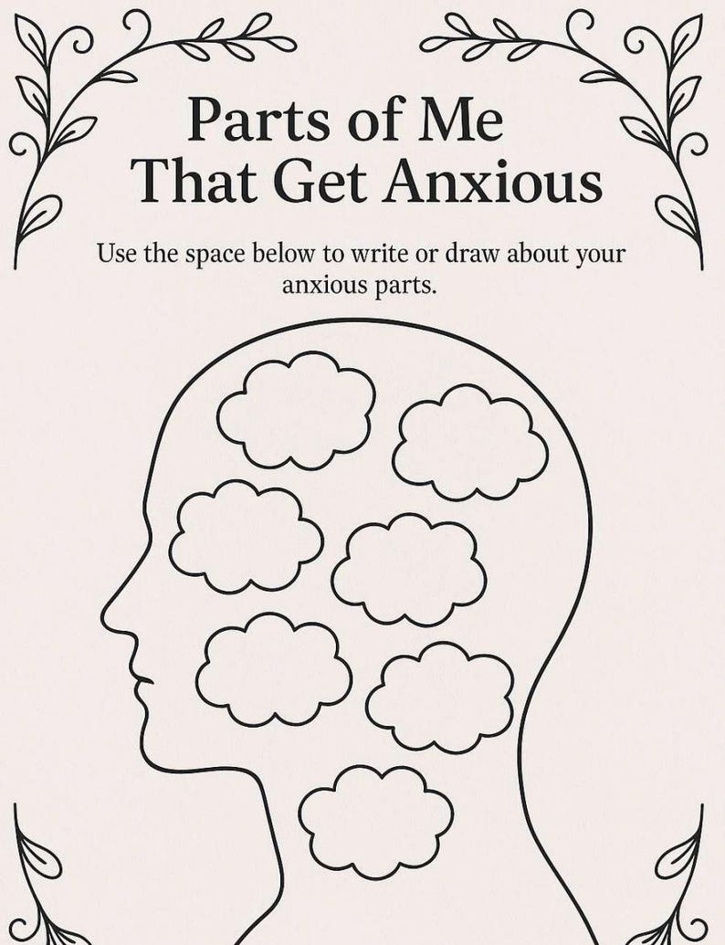 K&ouml;nnte beinhalten: Schwarz-wei&szlig;e Illustration eines Kopfprofils mit Wolkenformen im Inneren. Der Text lautet "Parts of Me That Get Anxious" und "Use the space below to write or draw about your anxious parts."