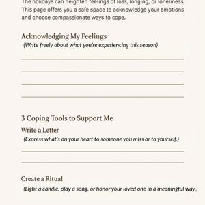 May include: A page titled "Holiday Grief & Loneliness" offering a safe space to acknowledge emotions and cope. Sections include "Acknowledging My Feelings," "3 Coping Tools to Support Me," and "Seek Support."