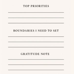 May include: A cream-coloured journal page featuring the headings "TOP PRIORITIES", "BOUNDARIES I NEED TO SET", and "GRATITUDE NOTE". Each section has lined spaces for writing. A gold star graphic is at the top.