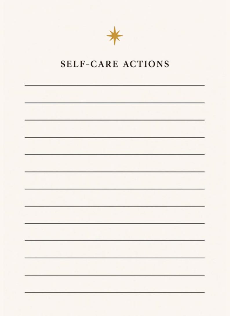 May include: A cream-coloured journal page with the words "SELF-CARE ACTIONS" in black text, topped with a gold starburst graphic. The page features multiple horizontal black lines for writing, designed for listing self-care activities.