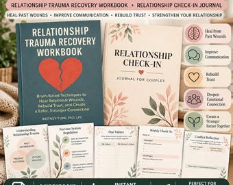 Könnte beinhalten: Ein Couples Toolkit Set bestehend aus einem dunkel-türkisfarbenen Arbeitsbuch zur Bewältigung von Beziehungstraumata mit rotem Herz und einem beigen Beziehungs-Check-in-Journal. Enthält fünf Beispielseiten zu Trauma, Werten und Konflikten.