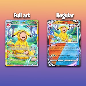 May include: Two Pokemon trading cards featuring "Super Mason EX." The "Full Art" card shows a child in a Pikachu costume with a Squirtle. The "Regular" card has the same child with a Charmander and Squirtle. Both cards have text.