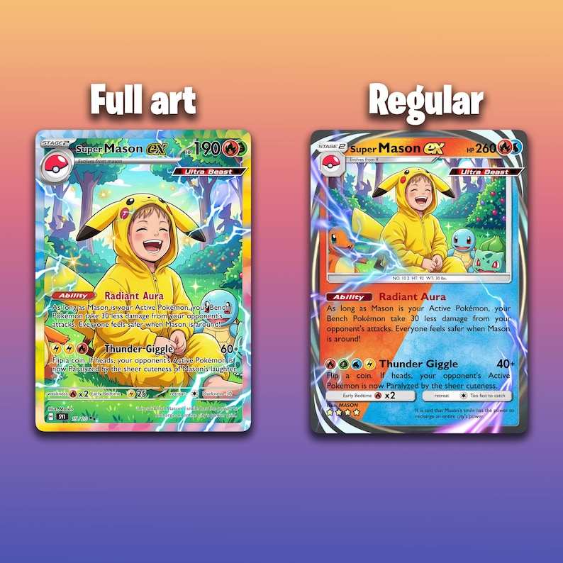 May include: Two Pokemon trading cards featuring "Super Mason EX." The "Full Art" card shows a child in a Pikachu costume with a Squirtle. The "Regular" card has the same child with a Charmander and Squirtle. Both cards have text.