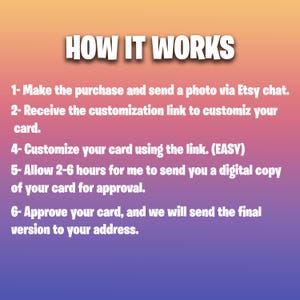 May include: Image with the text "HOW IT WORKS" in white, bold font. Steps include purchasing, sending a photo, receiving a customization link, customizing the card, allowing 2-6 hours for a digital copy, and approving the final version.