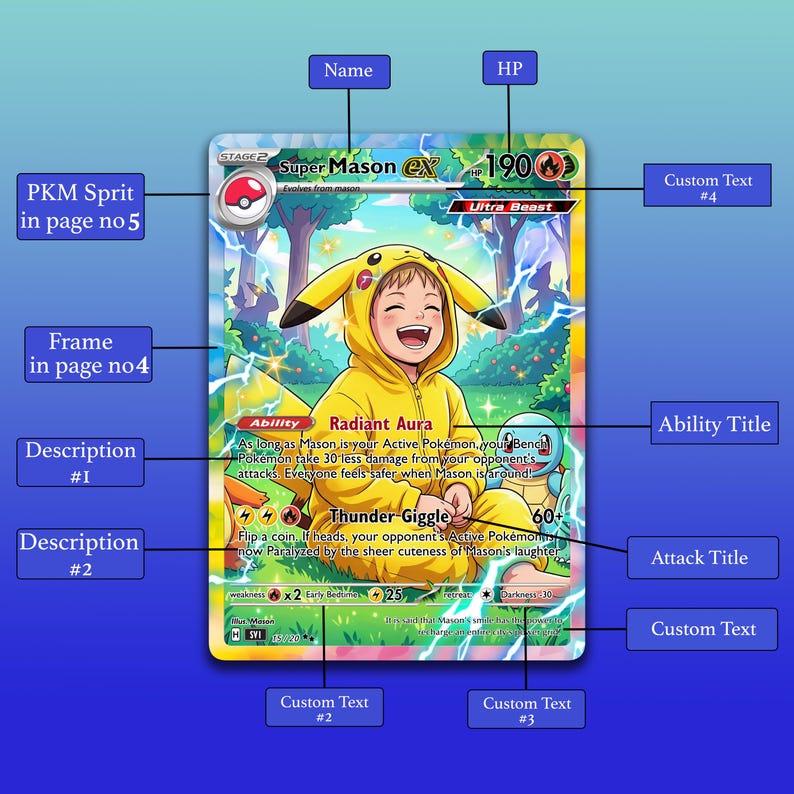May include: A custom Pok&eacute;mon trading card featuring a child in a Pikachu costume. The card reads "Super Mason EX" with an HP of 190. The card includes the ability "Radiant Aura" and the attack "Thunder Giggle".