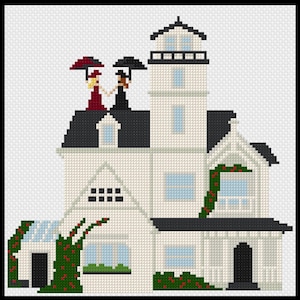 May include: A cross-stitch pattern featuring a white house with a black roof and a tall tower. Two figures stand on the roof holding umbrellas, one in a red dress and one in a black dress. Green vines with small red flowers climb the exterior walls.