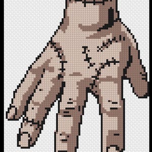 May include: Pixelated illustration of a hand, in shades of tan and brown, with visible stitches. The hand is in a gesture with the thumb and two fingers extended. The design is reminiscent of a cross-stitch pattern.