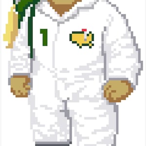 May include: Pixelated image of a teddy bear wearing a white golf outfit, cap, and shoes. The bear has a golf bag and the number 1 on the chest. The outfit features a green and yellow logo. The bear is standing.