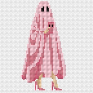 May include: A cross-stitch pattern featuring a ghost figure draped in a light pink sheet with darker pink shading. The ghost has two black eye holes, a small pink flamingo accessory, and is wearing light tan high-heeled shoes on its feet.
