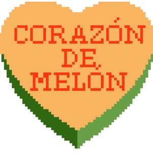 May include: A pixelated heart shape in shades of orange and green. The heart contains the text "CORAZÓN DE. MELON" in red block letters. The heart has a green border.