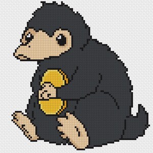May include: A pixel art style cross stitch pattern featuring a dark gray creature with a light tan face and feet, sitting down while holding two stacked golden yellow circular coins against its chest, set against a white grid background.