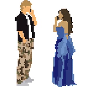 May include: A pixel art illustration of two figures standing and facing each other. The figure on the left wears a black shirt, white undershirt, and camouflage trousers. The figure on the right wears a long, flowing blue gown with dark blue accents.