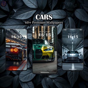 Op de afbeelding: Drie smartphones met wallpapers met auto's. De schermen tonen verschillende sportwagens in verschillende omgevingen. Bovenaan de afbeelding staat "CARS" en "60+ Premium Wallpapers". De tijd "16:15" wordt op elke telefoon weergegeven.