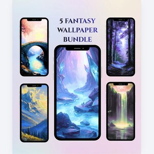 May include: A digital bundle of 5 fantasy wallpapers displayed on smartphone screens. The images feature a stone bridge over water, a purple forest, a mountain range, a crystal cavern with a stream, and a glowing waterfall with dragonflies.