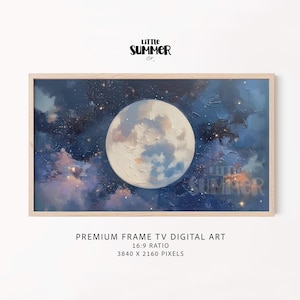 May include: A framed digital art print featuring a large, textured moon against a dark blue and purple night sky with stars. The artwork is labeled "Little Summer Co." and is designed for a premium frame TV.