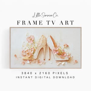 Frame TV Art Ivory Bridal Heels with Blush Flowers, Textured Wedding Detail | TV378