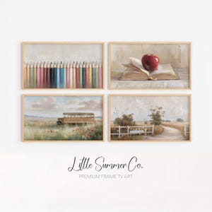 May include: Four framed art prints with a vintage aesthetic. The prints feature a row of colored pencils, an open book with an apple, a school bus in a field, and a rural landscape with a fence. The artwork is labeled "Little Summer Co."