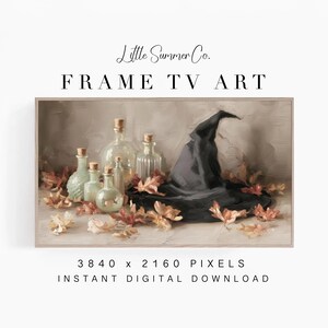 Frame TV Art Witch Hat and Potion Bottles, Neutral Floral Halloween Still Life | TV1079