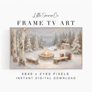Frame TV Art Snowy Campfire Retreat, String Lights and Rustic Cabin | TV1136