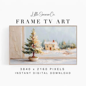 Cadre TV Art Miniature Pin sur un rebord de fenêtre hivernal, vue paisible d'un chalet enneigé | TV1195