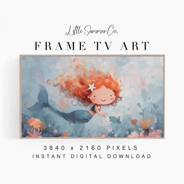 Frame TV Art Red-Haired Mermaid Underwater, Whimsical Blue Ocean Storybook | TV724