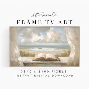 Frame TV Art Libro abierto junto al mar, Escape de lectura costera con brisa / TV1132