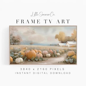 Frame TV Art Pastel Pumpkin Patch and White Farmhouse, Gentle Autumn Countryside | TV1033