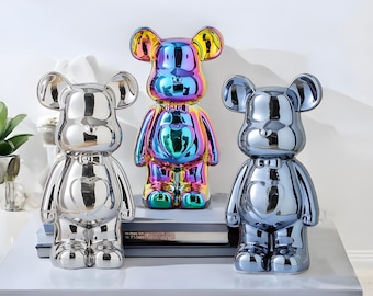 Chrome Bear Figurine: Shiny Teddy Sculpture, Modern Ceramic Home Decor (17cm/27cm)