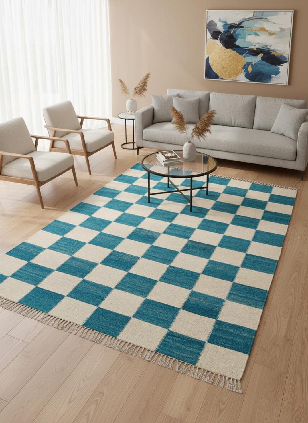 Hand-woven Mid-blue Checkered Cotton Durry Rug - Etsy
