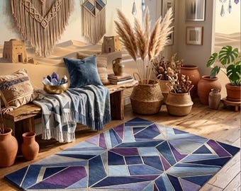 Handgetuft geometrisch tapijt, blauwpaars abstract vloerkleed, modern wollen tapijt, eigentijds handgemaakt tapijt, boho-woonkamertapijt