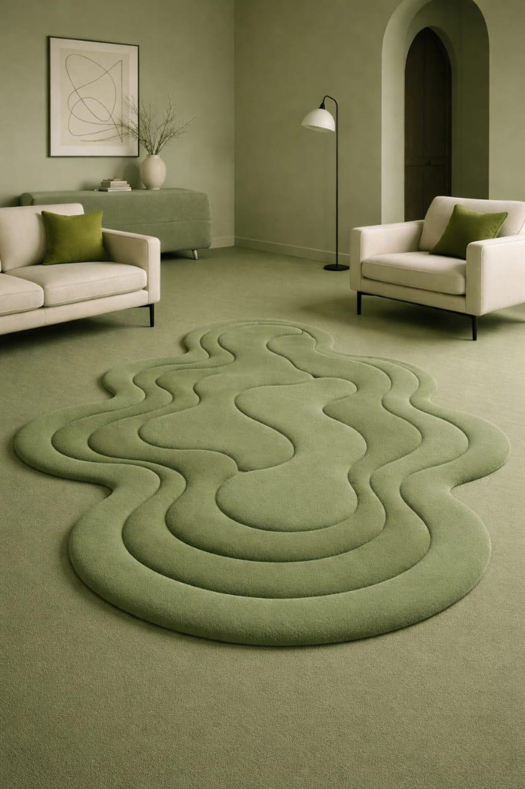 Modern Abstract Green Hand Tufted Rug | Organic Shape High Low Wool ...