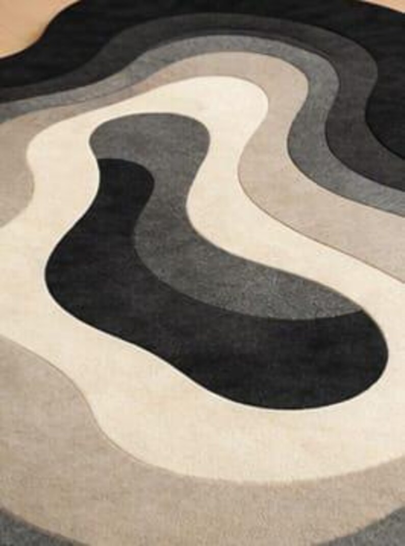 Hand Tufted Wool Rug | Abstract Wavy Design, Black Grey Beige - Etsy