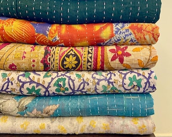 Vintage Kantha Quilt: Reversible Indian Bedspread Throw, Hand-Stitched Cotton