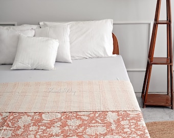 Perzik Minimalistische Lommerrijke Gedrukt Kantha Quilt Koningin Puur Katoen Kantha Gooi Deken Kantha Sprei Dekbed Kantha Bedovertrek Boho Quilt